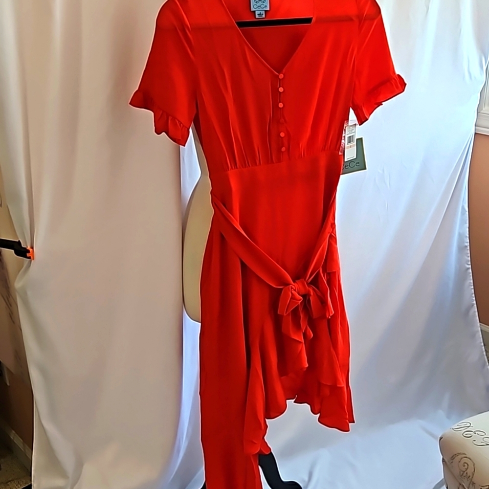 CeCe Candy Apple Red Ss dress w ruffle asymetrical front NWT